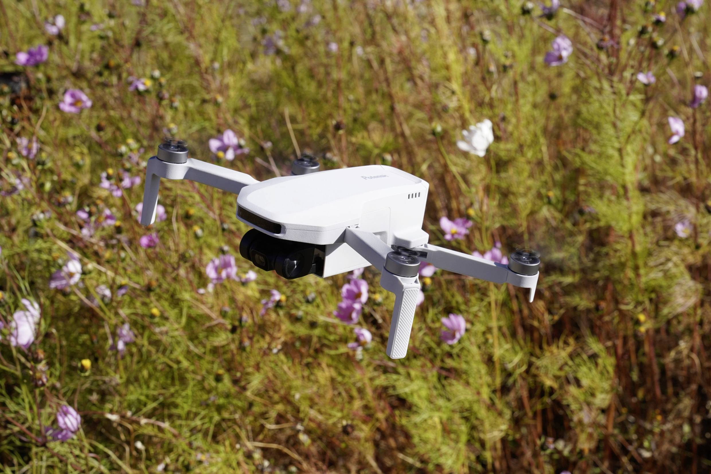 Un drone blanc survole un champ avec des plantes en fleur en arrière-plan.