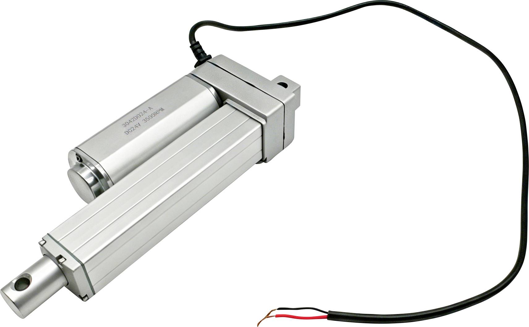 Actionneur linéaire électrique avec boîtier métallique et câble d'alimentation attaché, présenté sur fond blanc.