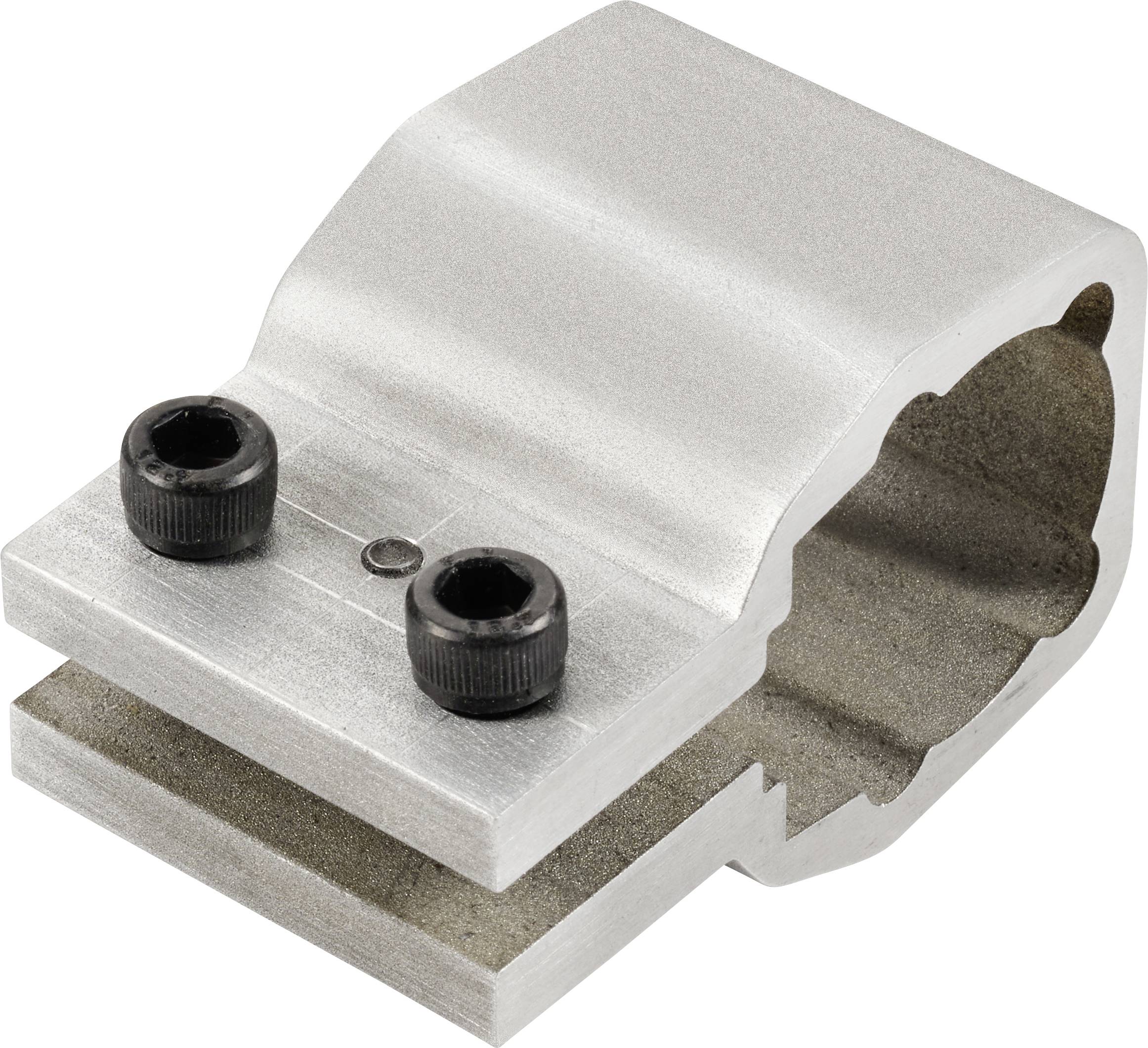 Bride de fixation métallique pour tuyauterie avec deux vis noires sur le dessus.