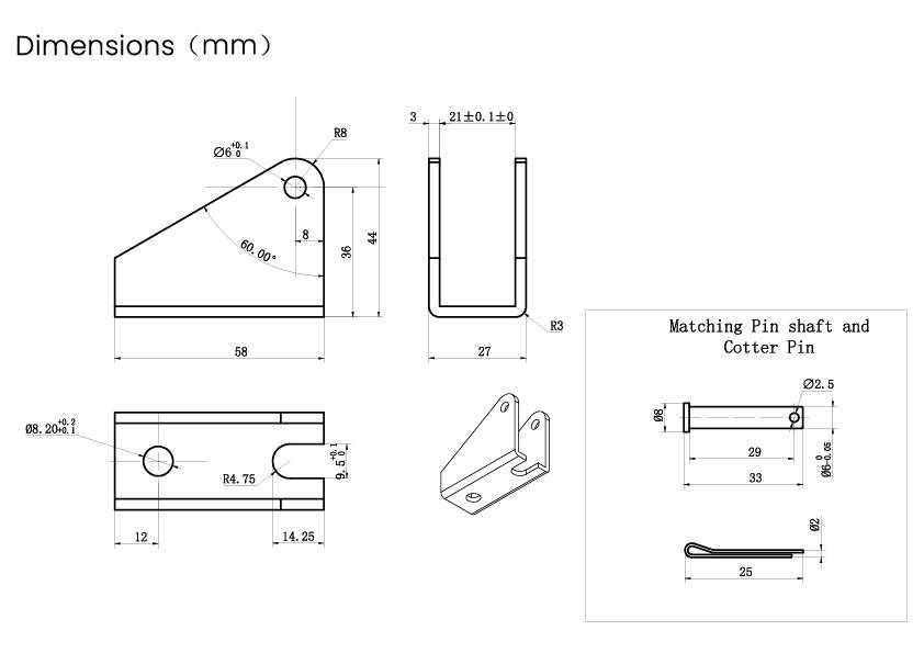 Dessin technique avec dimensions d'un composant en millimètres. Représentation des vues de face, de côté et de dessus ; incluant les dimensions des trous et des broches.