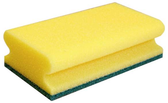 Éponge jaune avec surface verte abrasive, généralement utilisée dans les cuisines pour nettoyer la vaisselle.