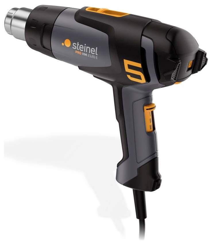 Pistolet à air chaud noir avec des détails orange. Marque : Steinel. Adapté pour retirer la peinture, façonner le plastique et dissoudre les adhésifs.