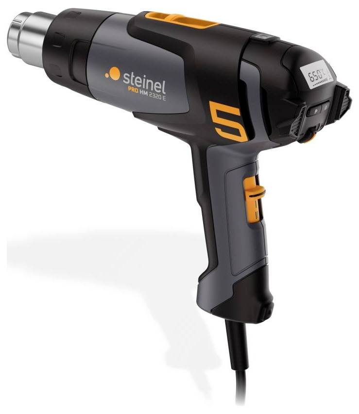 Soufflante thermique noire avec des touches orange, marque 'Steinel', modèle HG 2320 E, adapté pour le retrait de peinture et le rétrécissement des plastiques.
