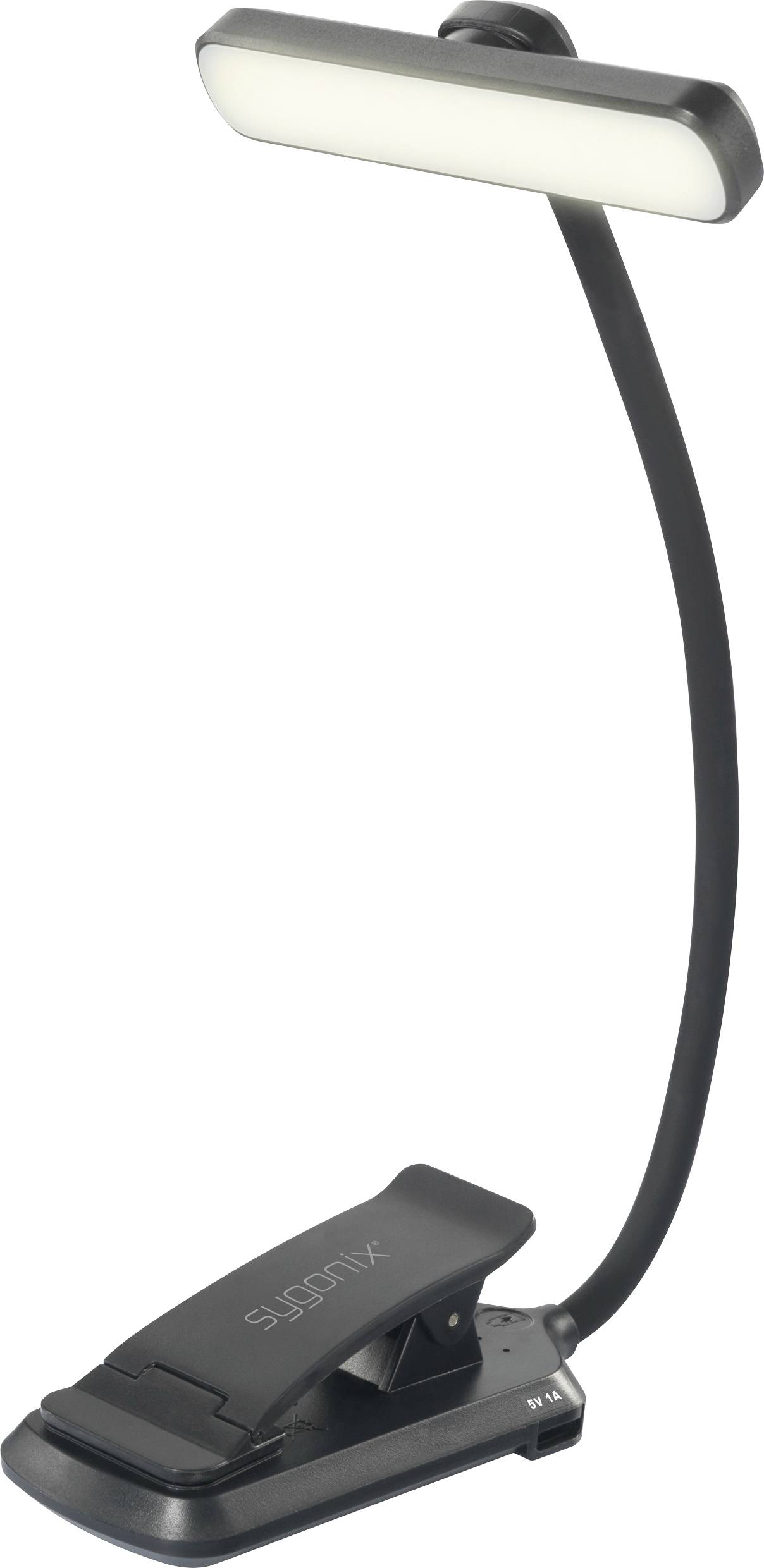 Lampe de lecture LED noire avec col flexible et pince, adaptée aux livres ou aux pupitres. Tête de lampe allongée avec éclairage uniforme.