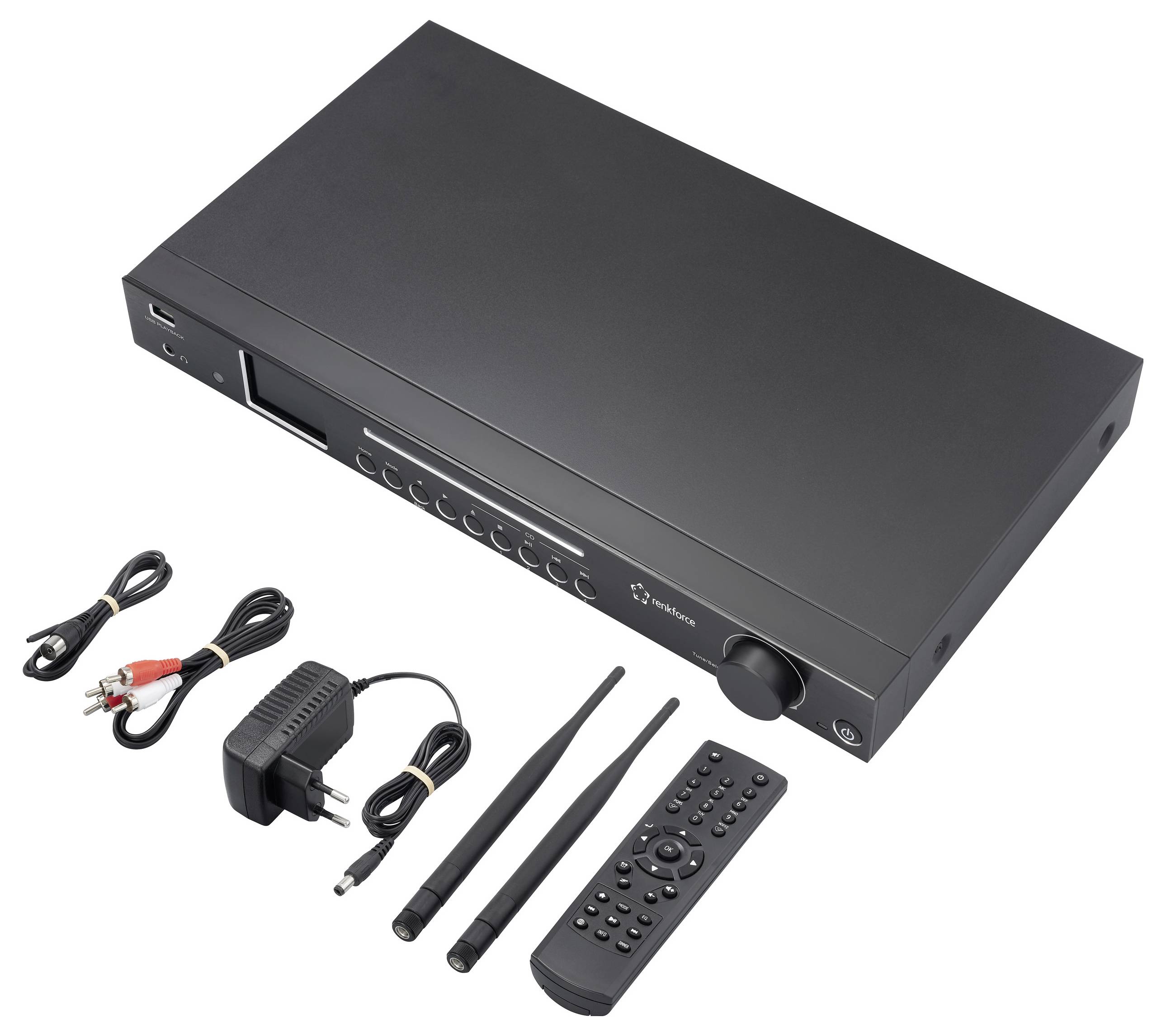 Un appareil électronique noir, possiblement un récepteur, avec une télécommande, un adaptateur secteur, deux antennes et des câbles, disposés de manière ordonnée.