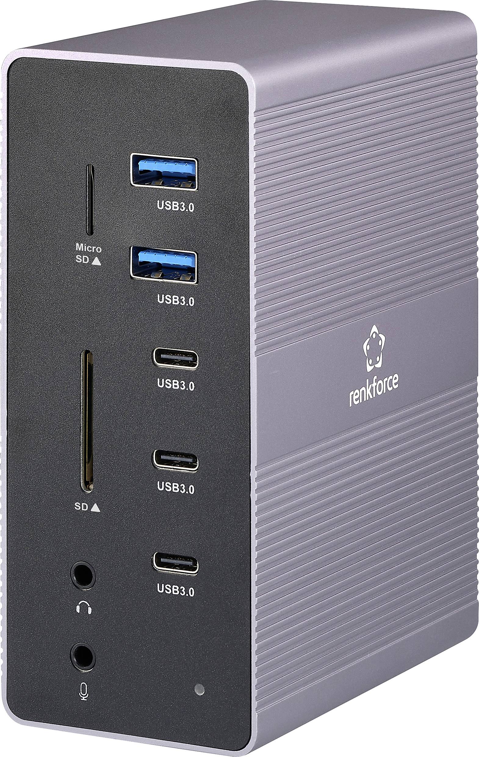 Un adaptateur gris avec différents ports, dont USB 3.0, USB-C, lecteur de cartes SD et audio. La marque 'renkforce' est visible.