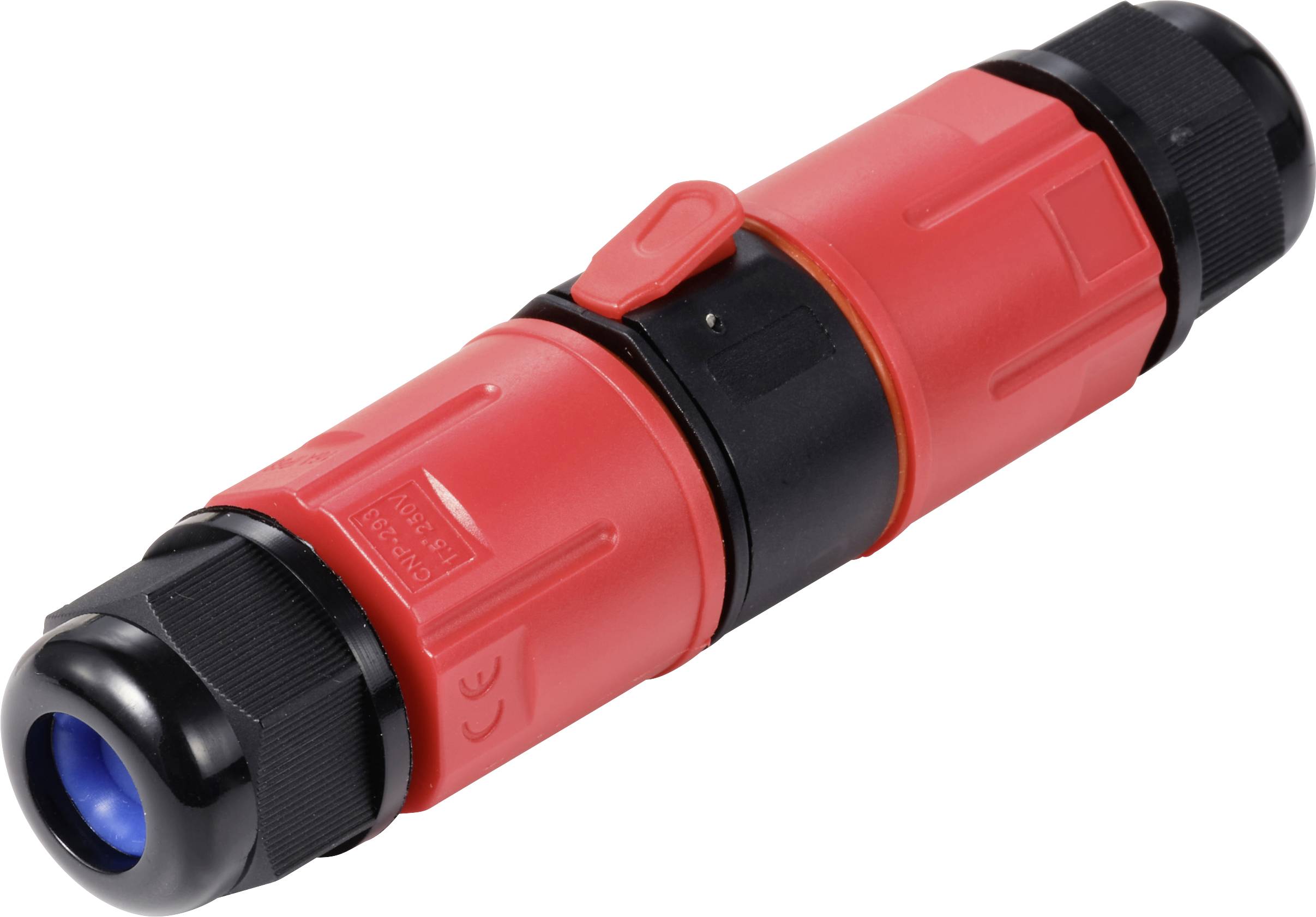 Connecteur électronique cylindrique rouge avec un capuchon noir à chaque extrémité, conçu pour des connexions de câbles robustes dans des applications électriques.