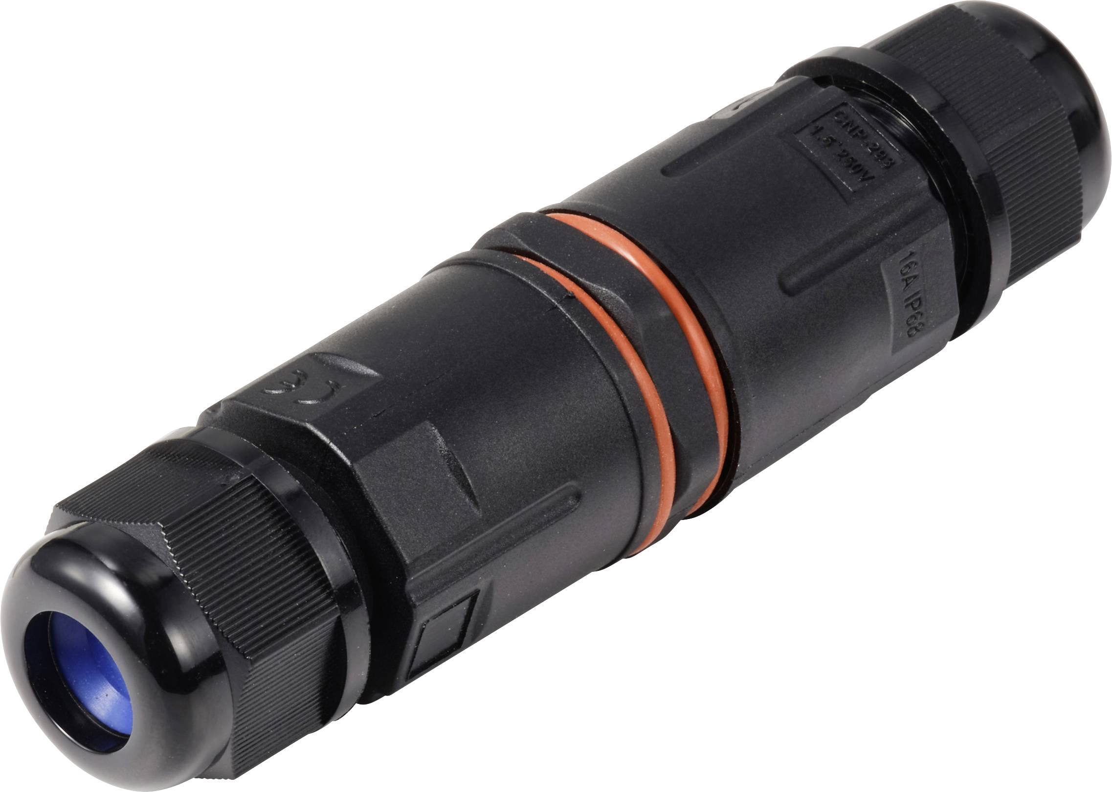 Un connecteur de câble noir cylindrique avec un joint d'étanchéité orange, adapté aux connexions robustes dans les installations électriques.
