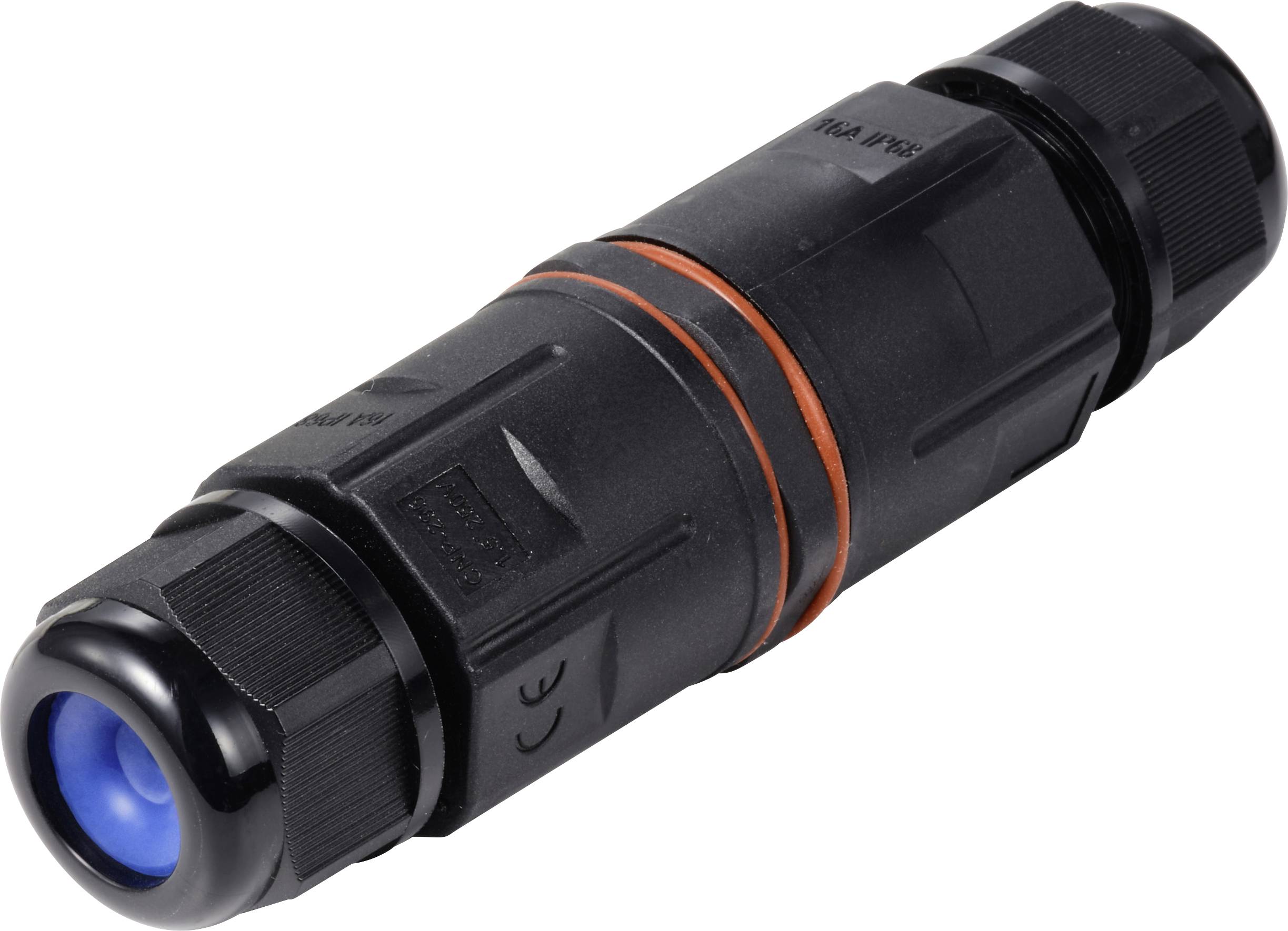 Un connecteur de câble noir cylindrique avec des extrémités bleues et un joint d'étanchéité orange, adapté pour des connexions étanches.