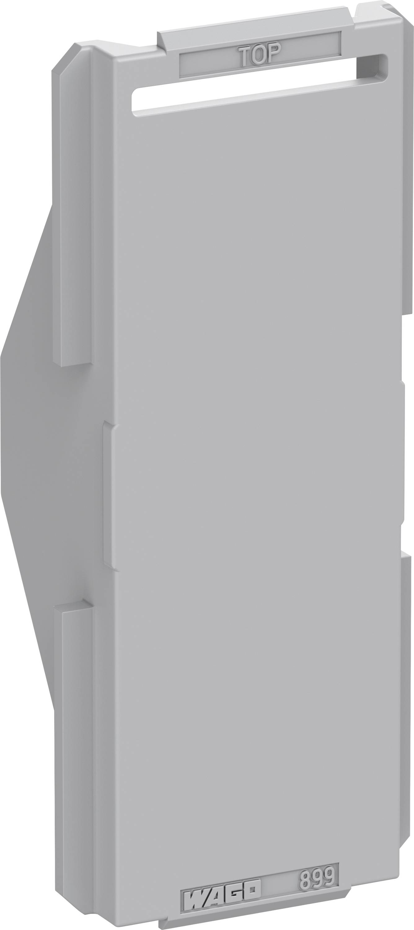 Pièce en plastique grise, rectangulaire, portant l'inscription 'TOP' ; des supports sont visibles sur les côtés, servant probablement de couvercle.