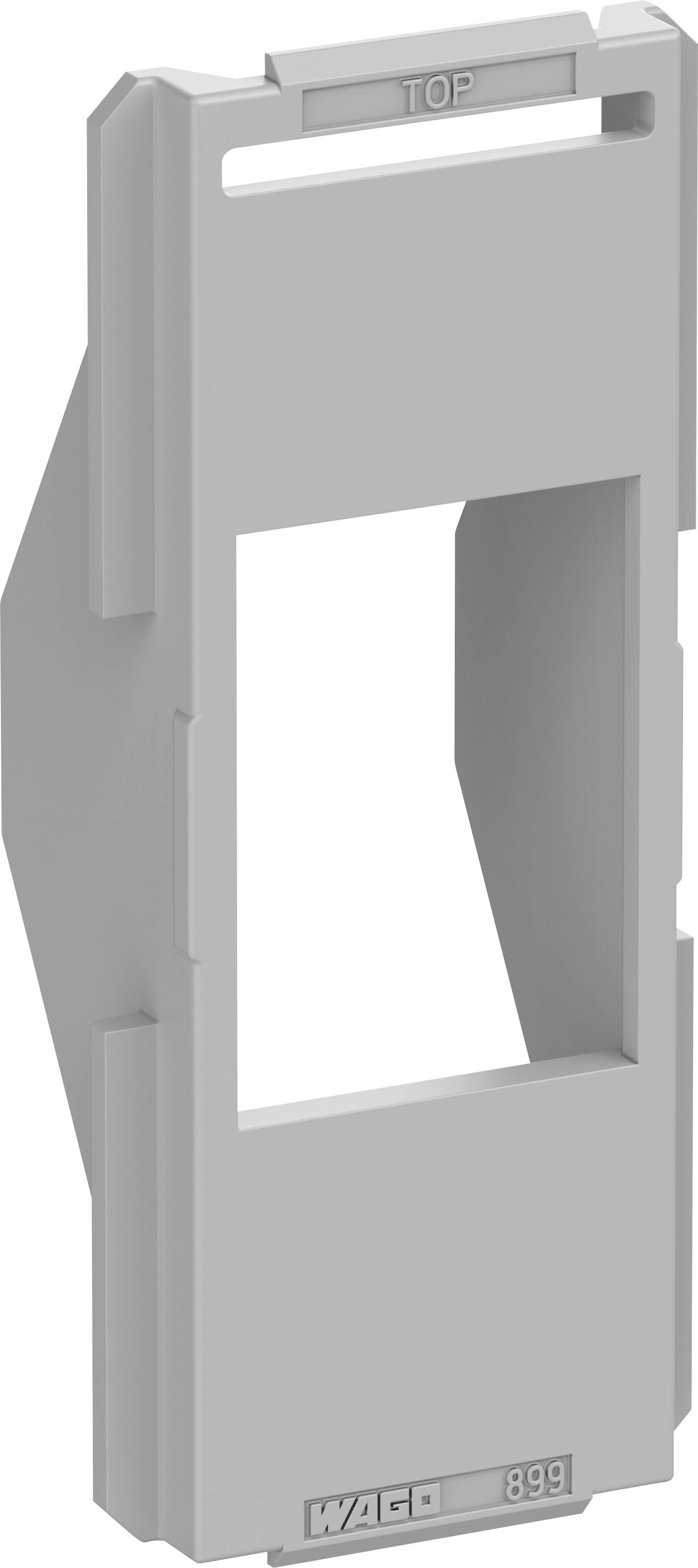 Couvercle en plastique gris pour composants électroniques avec découpe rectangulaire et inscription 'TOP'.