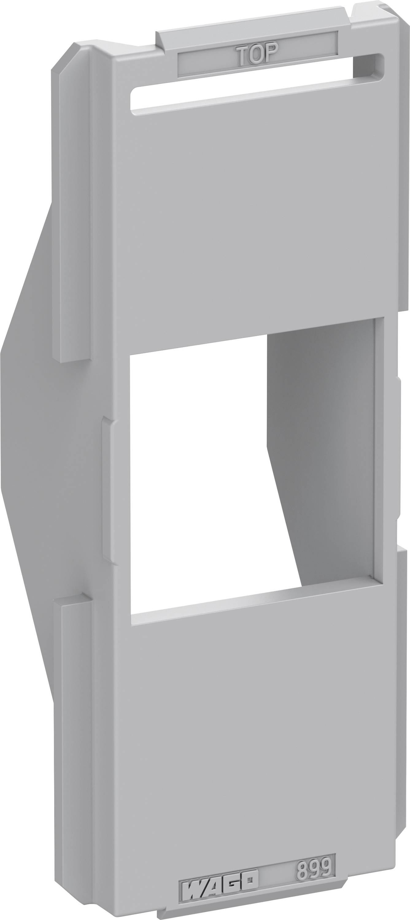 Pièce rectangulaire grise en plastique avec une découpe rectangulaire au centre et l'inscription 'TOP' en haut.