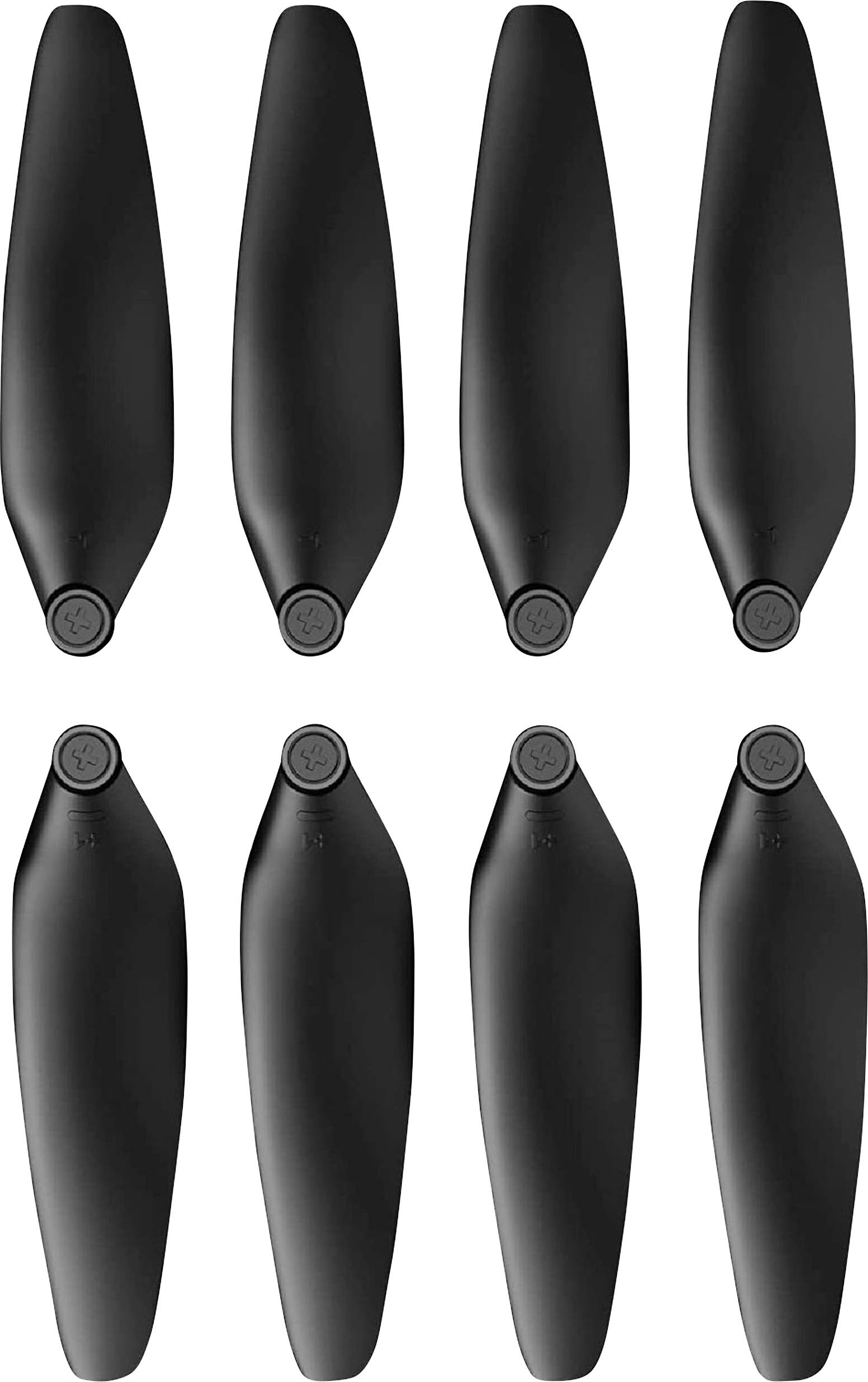 Huit hélices noires de drone, disposées symétriquement en deux rangées, présentent une forme lisse et aérodynamique.