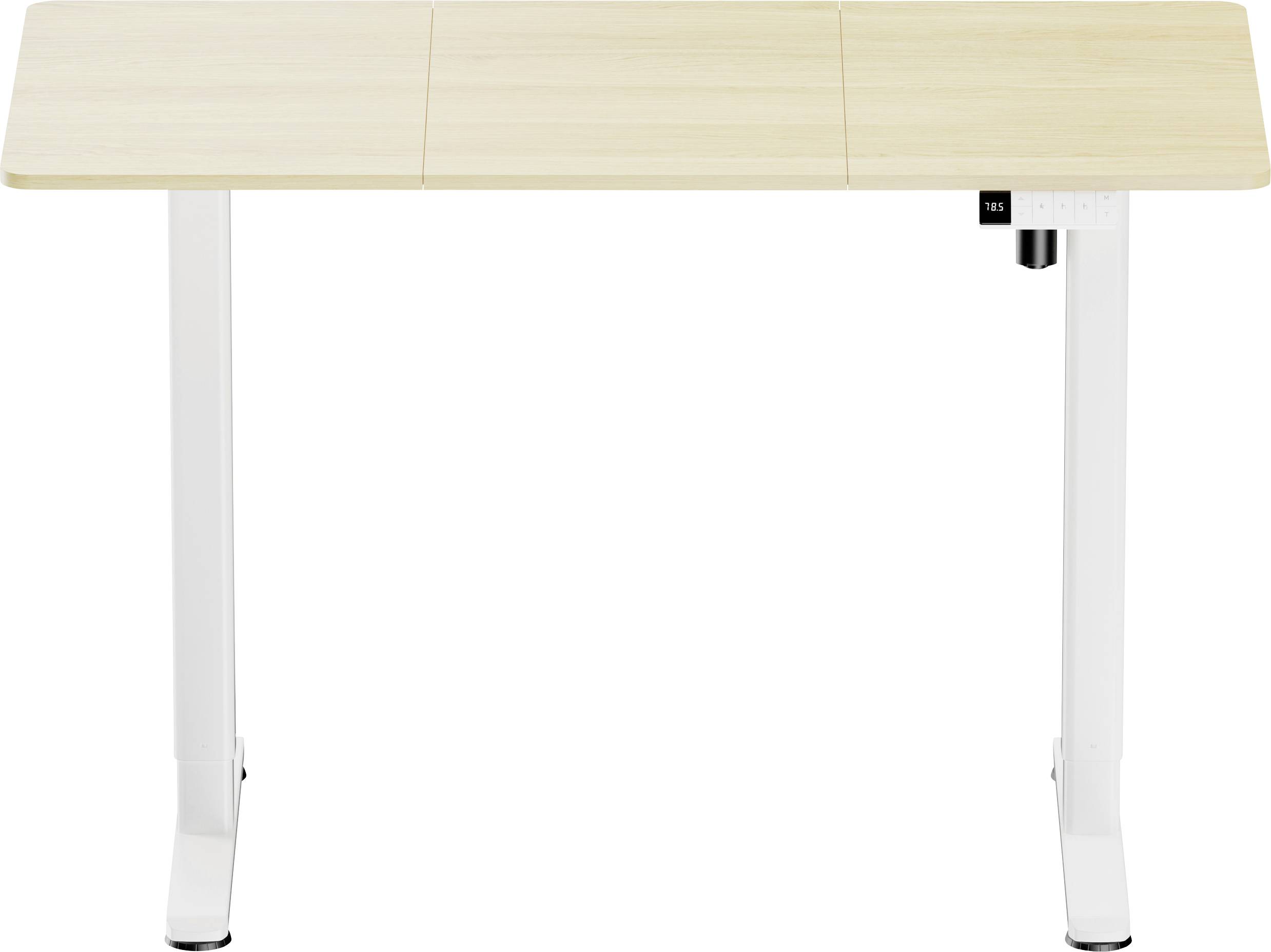 Une table à hauteur réglable avec un plateau en bois clair et des pieds en métal blanc. Idéale pour un travail ergonomique au bureau ou à la maison.