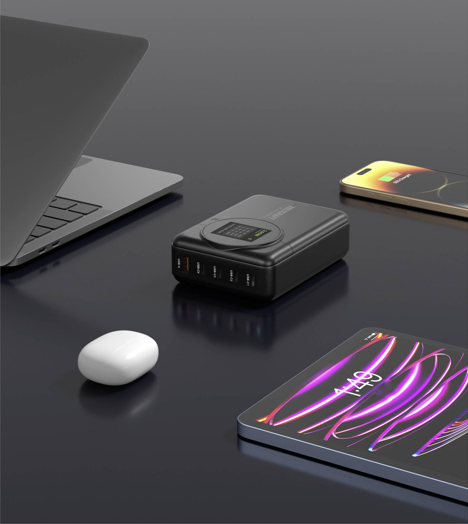 VOLTCRAFT UC-4C1A240W01 Chargeur USB 240 W 4x USB-C®, 1x USB-A Power Delivery 3.0 noir GaN, USB Power Delivery (USB-PD), chargeur