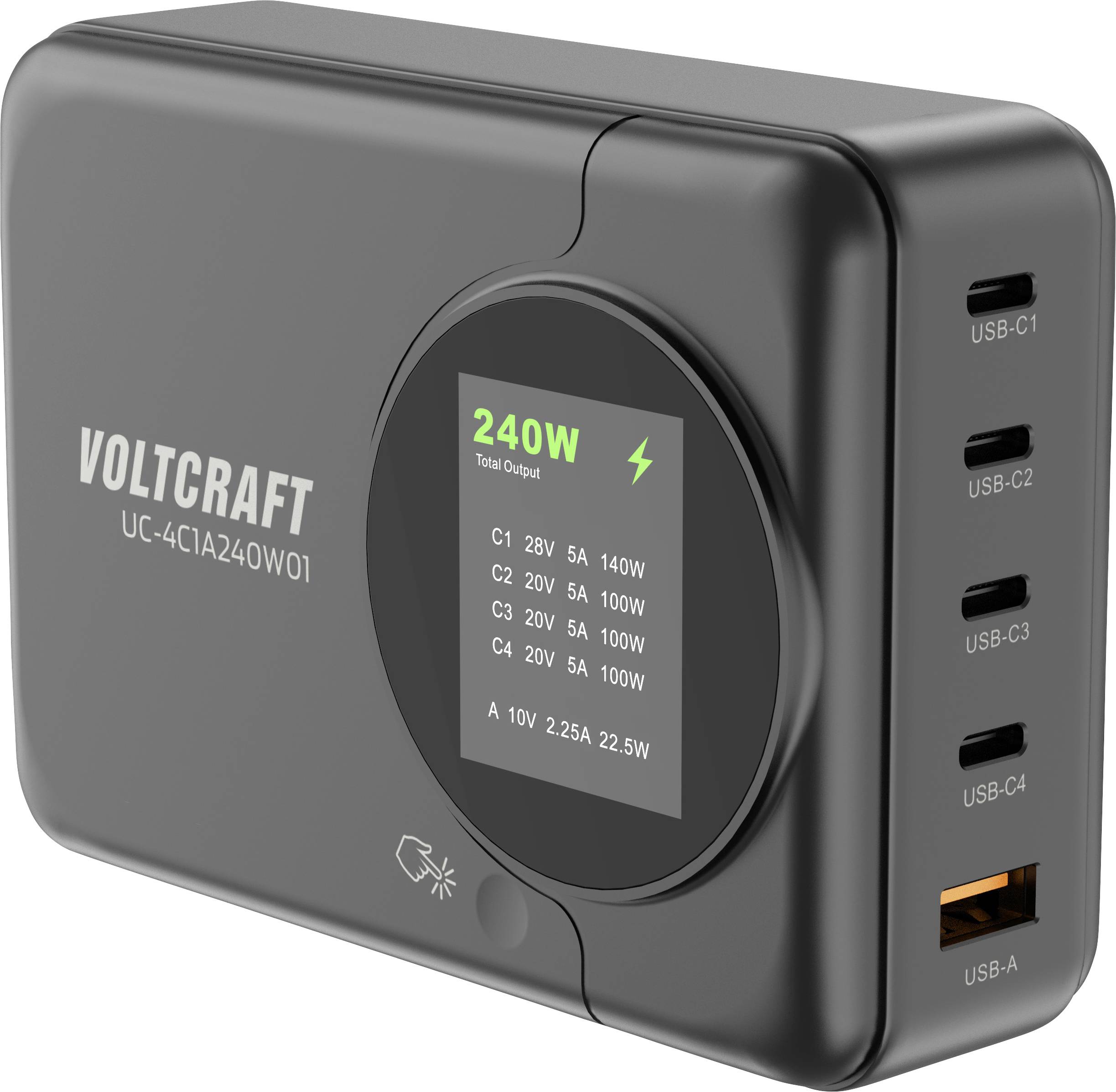 VOLTCRAFT UC-4C1A240W01 Chargeur USB 240 W 4x USB-C®, 1x USB-A Power Delivery 3.0 noir GaN, USB Power Delivery (USB-PD), chargeur