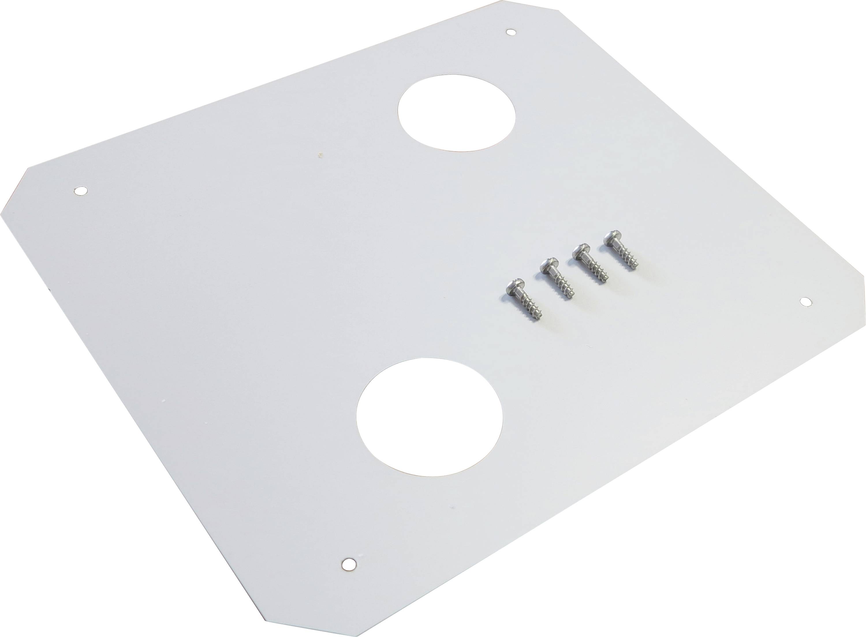 Plaque métallique avec cinq vis et deux grands trous circulaires, probablement destinée à des fins de montage.