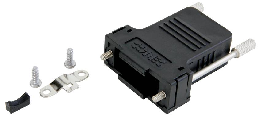 Boîtier série D-Sub noir avec vis de fixation et support, adapté au montage de connecteurs sur des câbles.