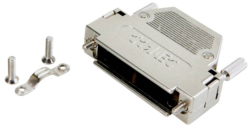 Connecteur D-Sub métallique, ouvert, avec deux vis et un support de fixation. Connecteur pour des connexions électriques robustes.