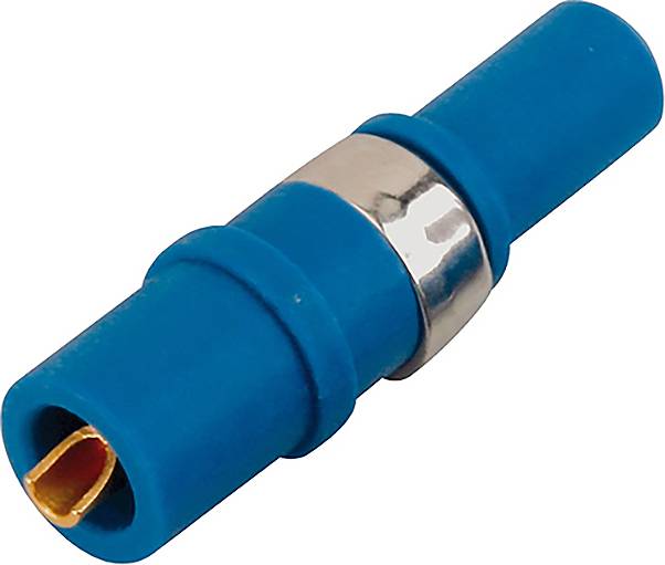 Fiche électrique bleue avec contact intérieur doré et bande métallique argentée au centre, adaptée pour les connexions de câbles.