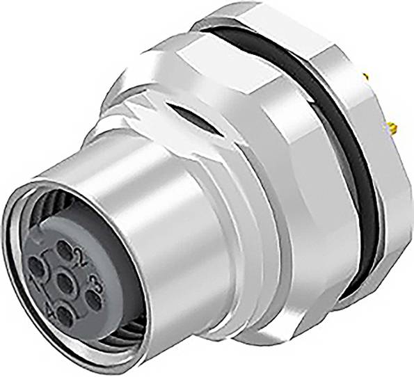 Une fiche électrique argentée à plusieurs broches, adaptée aux connexions dans les machines industrielles ou les appareils électroniques.