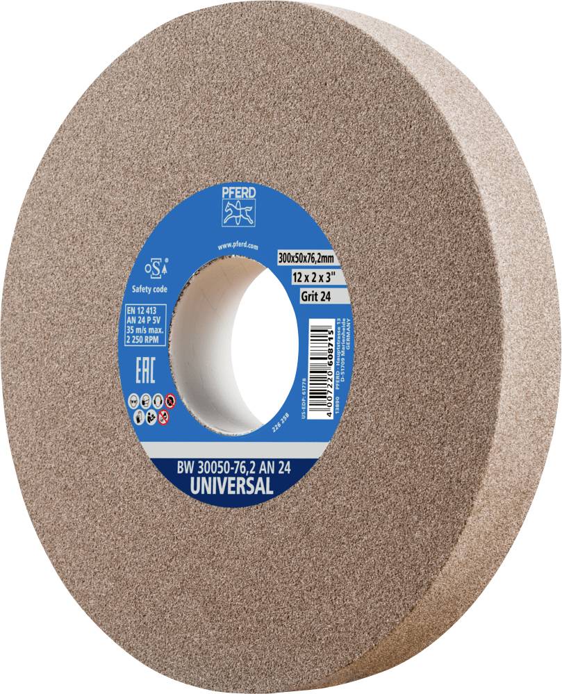 Disque à meuler brun avec étiquette bleue, portant l'inscription 'UNIVERSAL' et des détails techniques, dont '300x50x76,2 mm', 'Grain 24'.