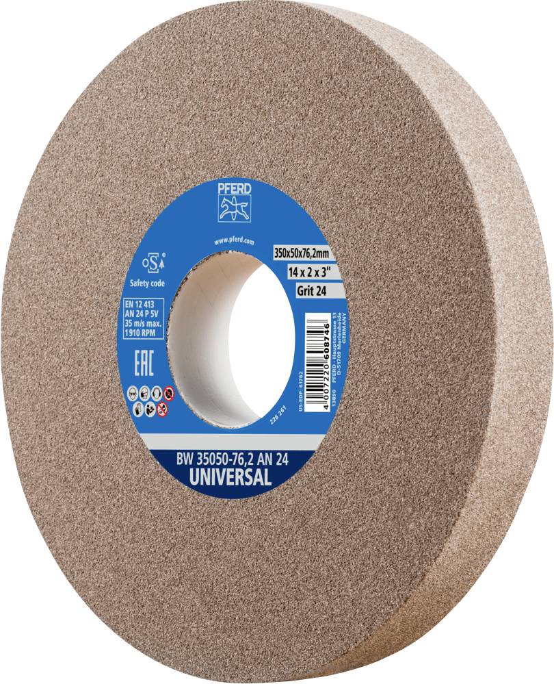 Un disque à meuler portant l'inscription « UNIVERSAL » et des spécifications telles que le diamètre et le grain sur une étiquette bleue.