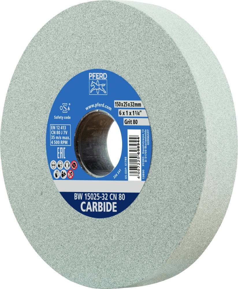 Disque à meuler en carbure avec étiquette bleue indiquant les détails techniques tels que la taille 150x25x32mm et le grain 80.