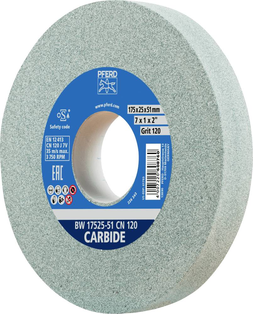 Meule de la marque PFERD, type BW 17525-51 CN 120, pour carbure, dimensions 175 x 25 x 51 mm, granulométrie 120, vitesse de rotation jusqu'à 3750 tr/min.