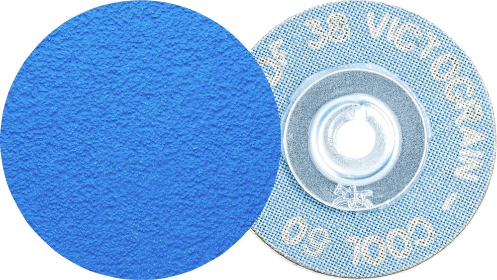 Deux meules abrasives, l'une bleue vue de devant, l'autre portant l'inscription 'Cool 60' vue de derrière.