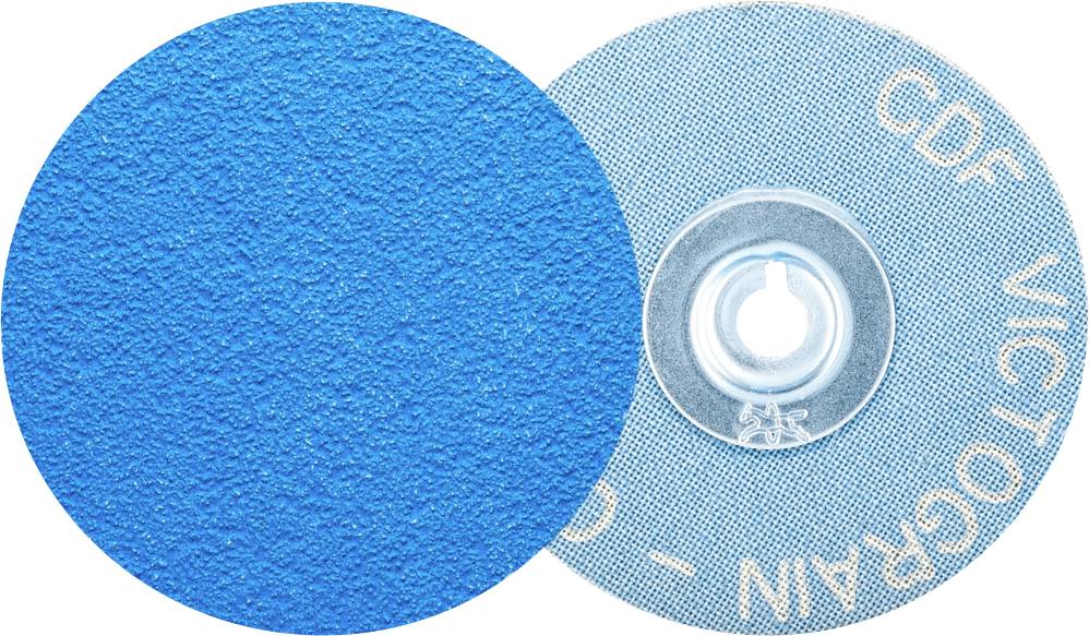 L'image montre deux disques abrasifs bleus : à gauche, rugueux et texturé, à droite avec un trou de fixation et l'inscription « CDF VICTOGRAIN ».