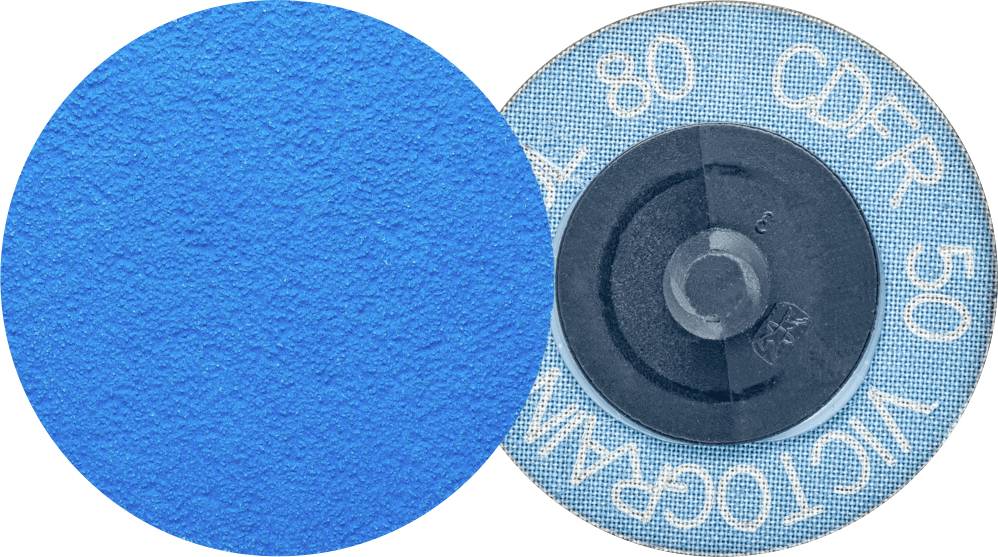 Deux disques abrasifs circulaires, l'un en bleu avec des textures ; l'autre portant des inscriptions : 'CDFR 50', 'PL 80', 'VICTOR'. Les deux sur un fond bleu.