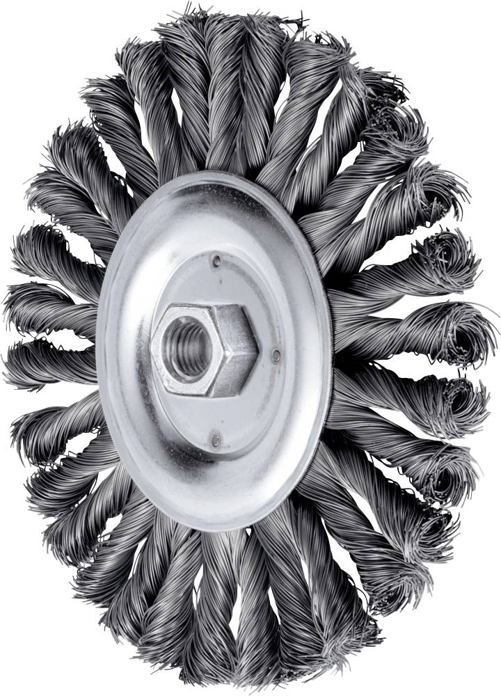 Brosse circulaire en acier avec poils torsadés, fixée sur un disque métallique avec support de vis hexagonal, destinée à des travaux de nettoyage.