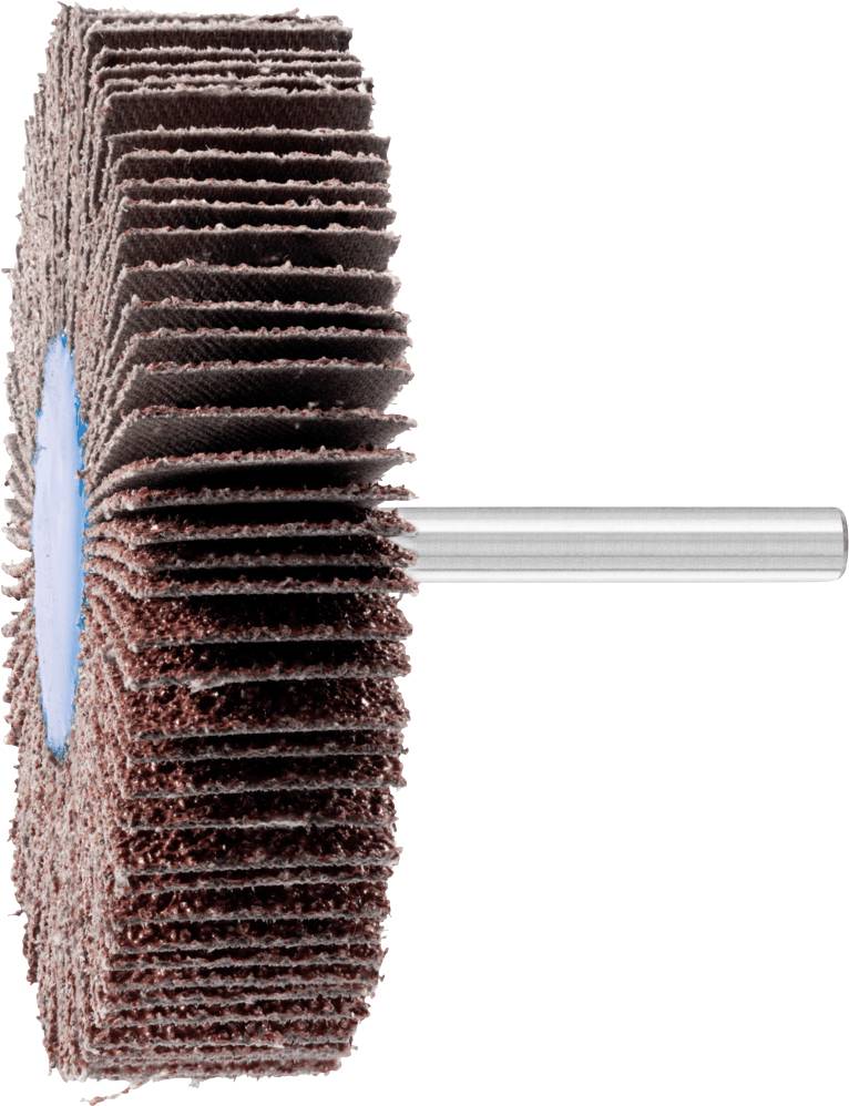 Un outil de polissage avec plusieurs disques abrasifs fixés sur un manche métallique, vu de côté.