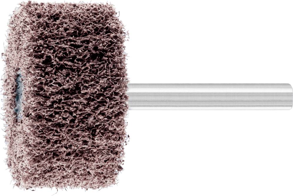 Un outil de meulage cylindrique doté d'une poignée métallique, recouvert d'une surface fibreuse dense et sombre, destiné à l'usinage de surface.