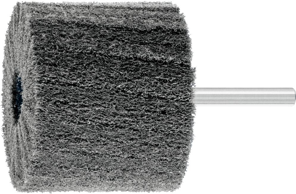 Rouleau de meulage gris avec une tige métallique servant d'axe, utilisé pour polir ou poncer des surfaces.