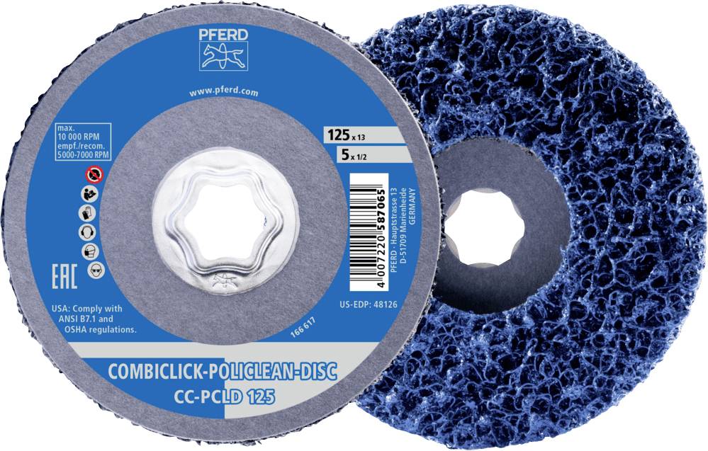 Disque 'COMBICLICK-PoliClean-Disc' de PFERD, disque à structure bleue grossière, adapté pour l'usinage des métaux jusqu'à 12 000 tr/min.