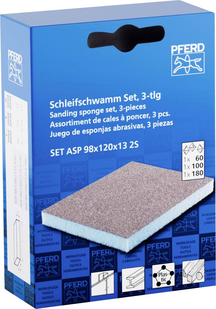 Emballage d'une éponge abrasive, ensemble de 3 pièces. Comprend des grains 60, 100 et 180. Produit de PFERD, présenté avec une éponge.