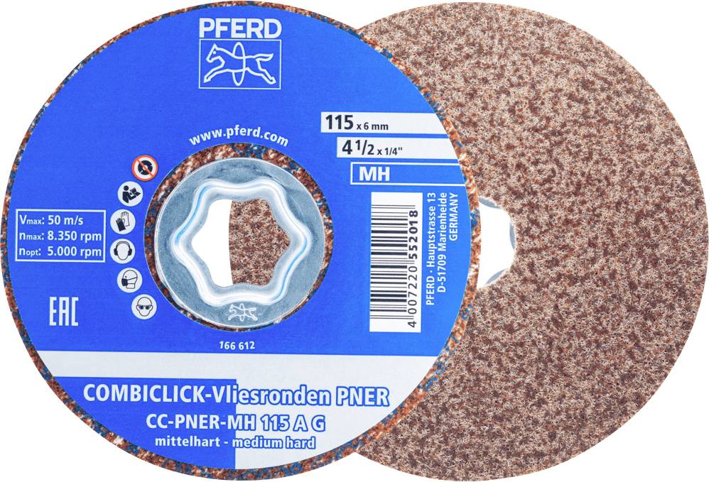 Disque à meuler avec centre bleu. Impression : 'Cheval', 'CombiClick-Disques à voile PNER', 115 mm, mi-dur, max. 8 350 tr/min.
