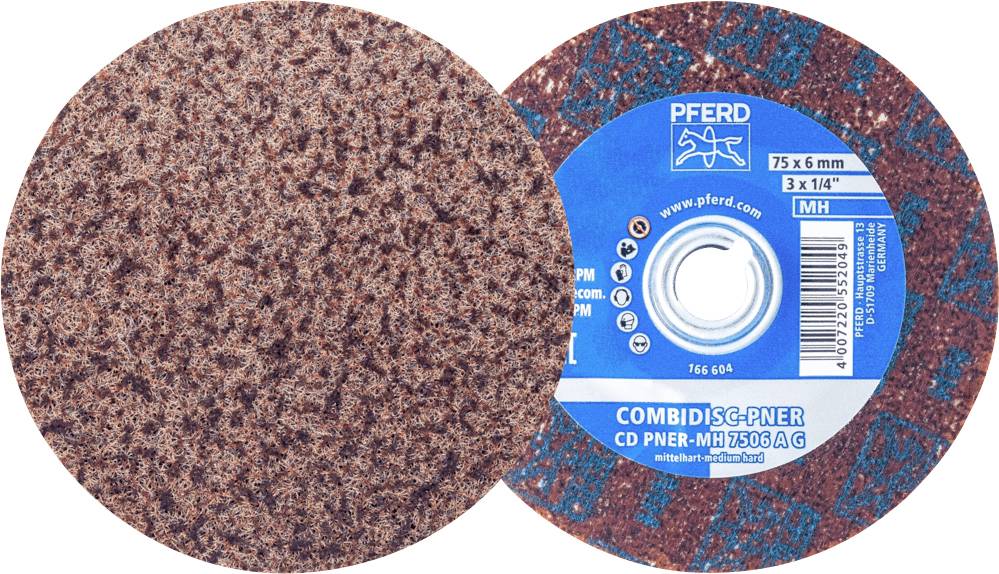 Disque abrasif de la marque PFERD avec étiquette bleue. L'inscription indique 'COMBIDISC-PNER' et 'CD PNER-MH 7506 A G', 75 x 6 mm, 3 x 1/4 pouces.