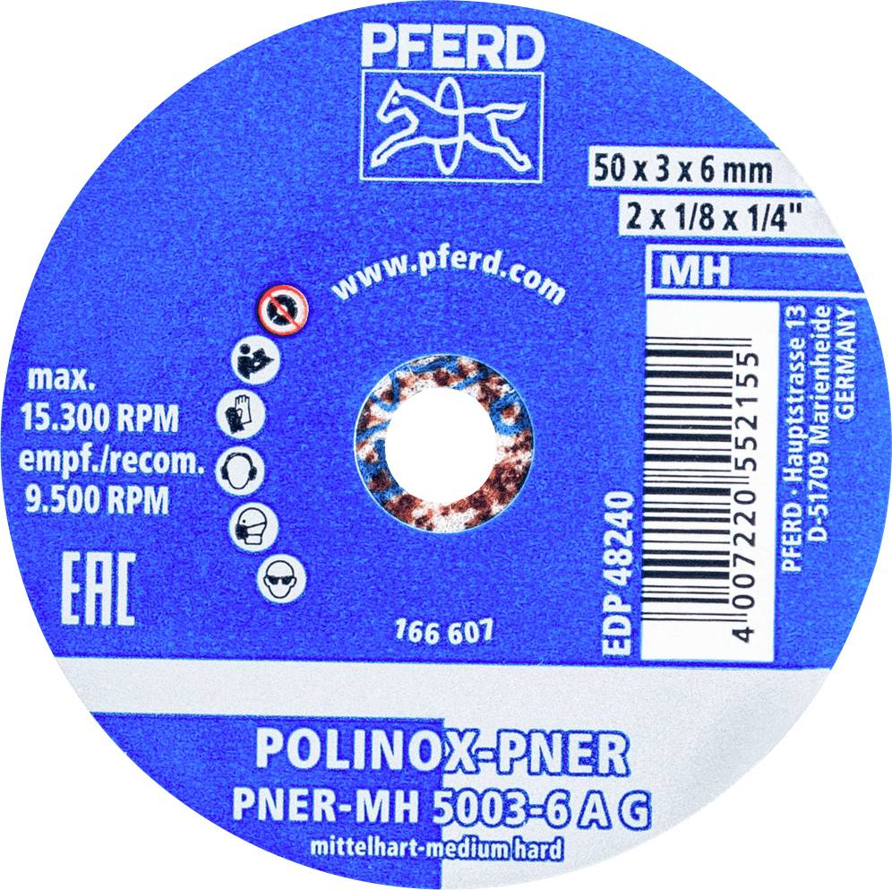 Meule pour max. 15 300 tr/min, 50 x 3 x 6 mm. Marque : Pferd, Type : Polinox-PNER, mi-dure. Fabriqué en Allemagne.