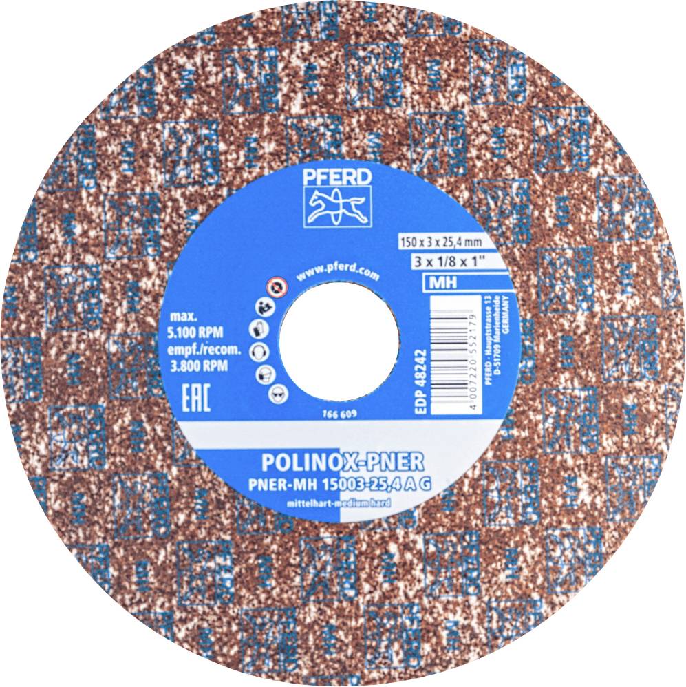 Disque abrasif portant l'inscription 'POLINOX-PNER', autorisé jusqu'à 5 100 tr/min, diamètre 150 mm, pour machines avec alésage de 25,4 mm.