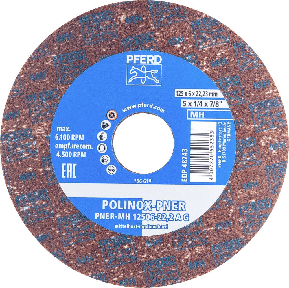 Outil de meulage en forme de disque en matériau abrasif, adapté pour une utilisation Polinox ; vitesse de rotation maximale : 6 100 tr/min.