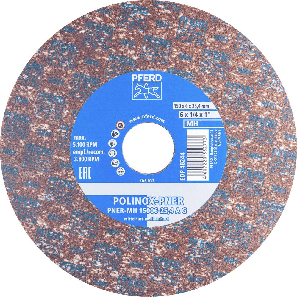 Disque abrasif à surface rouge granuleuse et centre bleu. Inscription : 'POLINOX-PNER PNER-MH 15006 25 A G', vitesse maximale de 5 100 tr/min.