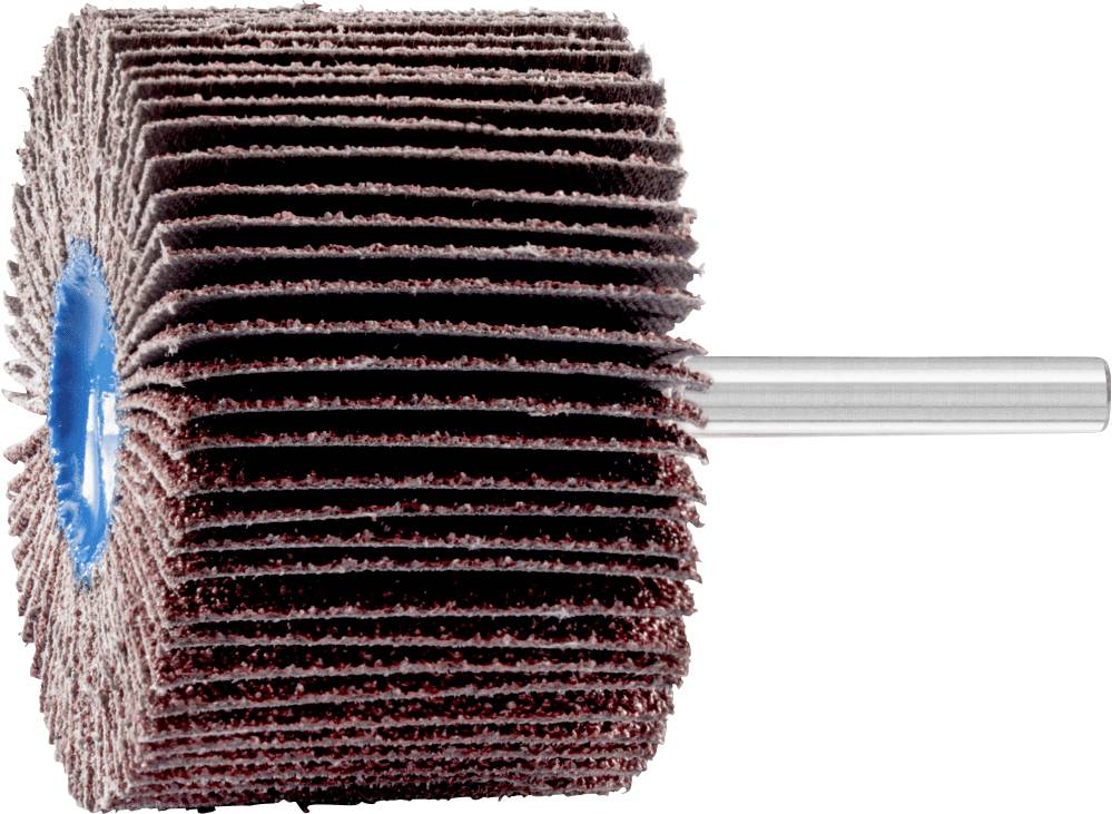 Un disque abrasif à lamelles rouge-brun et centre bleu monté sur une tige métallique. Utilisé pour le traitement de surface.