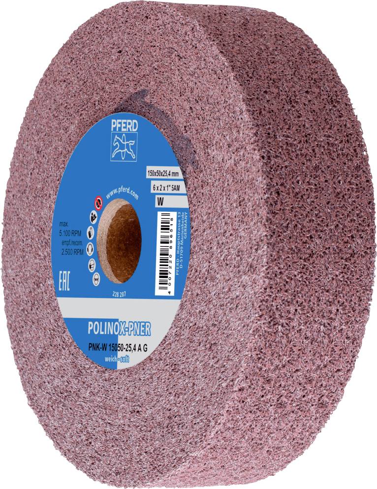 Disque de polissage PFERD avec l'inscription 'POLINOX PNER' en bleu et ses spécifications techniques. Matériau abrasif rose.