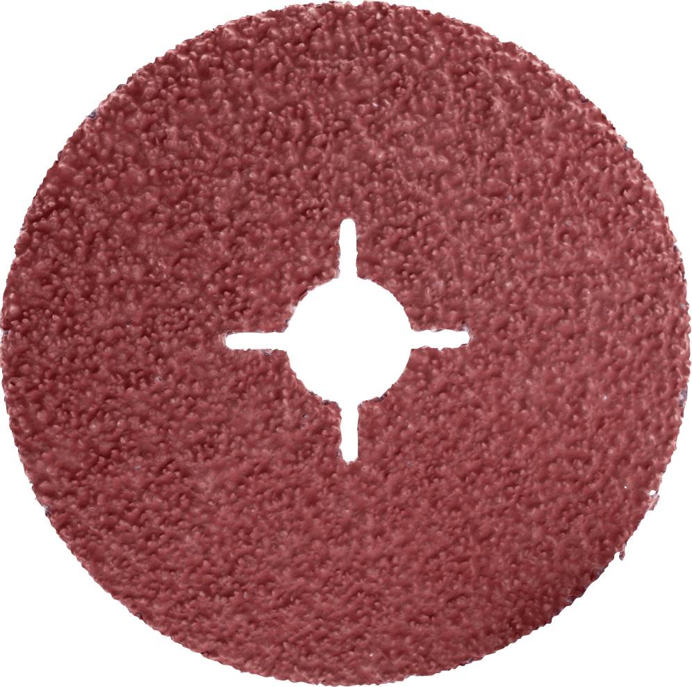 Un disque abrasif rond, rouge, à texture grossière et avec un trou central, utilisé pour le meulage de surfaces sur des machines-outils.