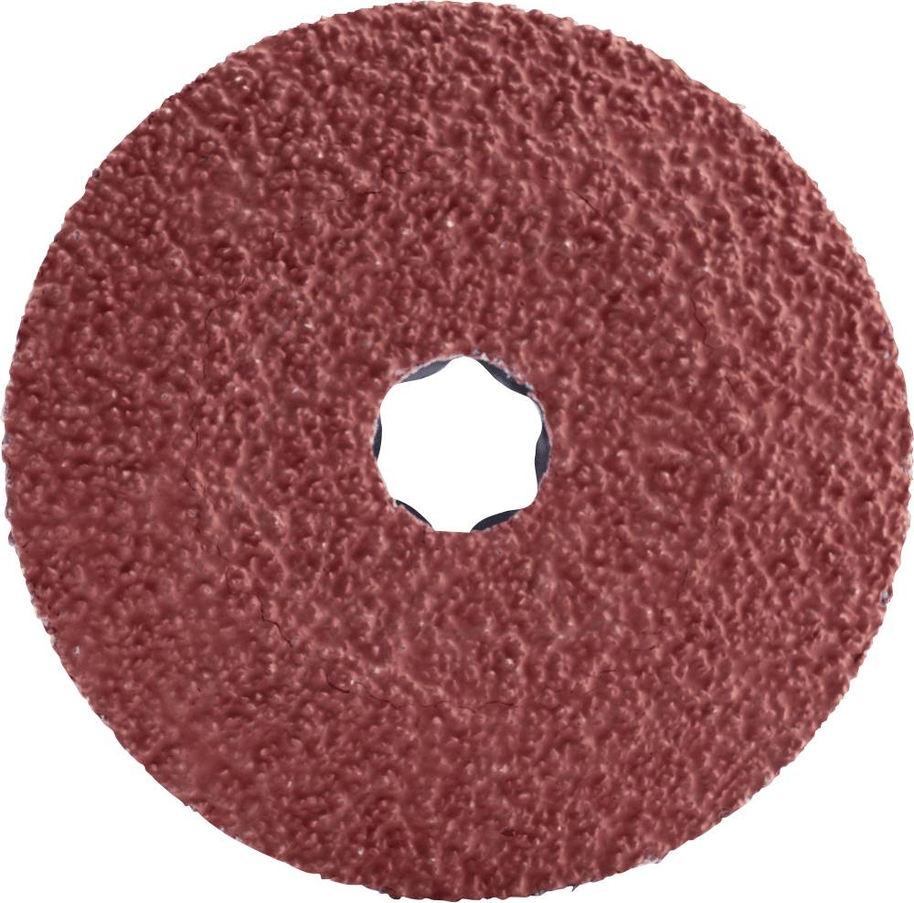 Un disque abrasif rond, rouge, à grain grossier avec un trou au centre. Utilisé pour les travaux de meulage sur métal ou bois.