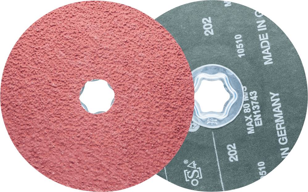 Deux disques abrasifs ronds, l'un rouge à surface rugueuse, l'autre vert portant l'inscription 'MAX 80 M/S' et 'MADE IN GERMANY'.