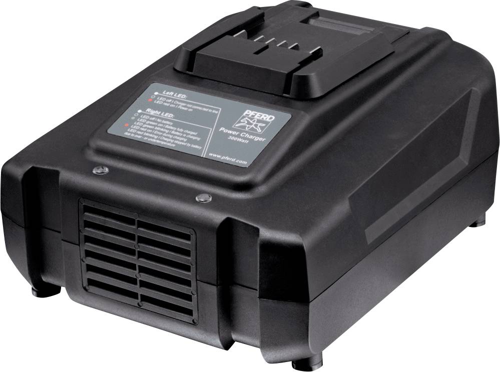 Un chargeur de batterie noir avec quatre voyants LED sur le dessus indiquant l'état de charge. Il présente un design robuste.